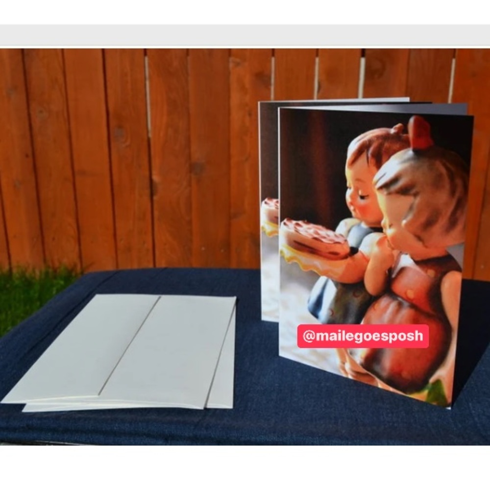 2 Blank 5X7” Birthday Cards & 2 envelopes set, photo Hummel girls & cake